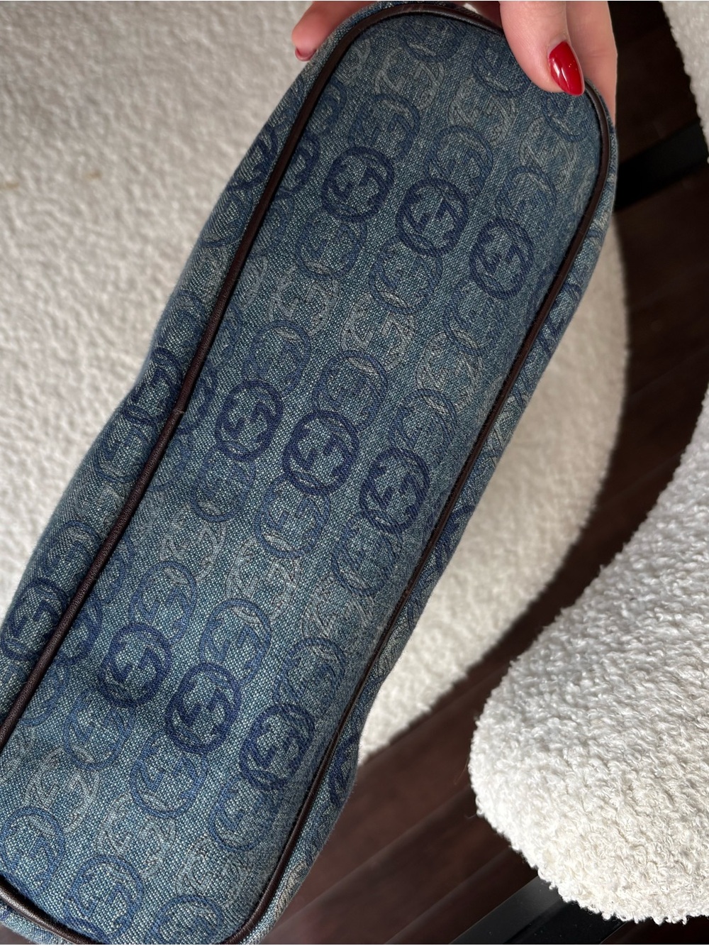Gucci Blue Denim Monogram Shoulder Bag with Brown Leather Trim - Picture 6 of 12